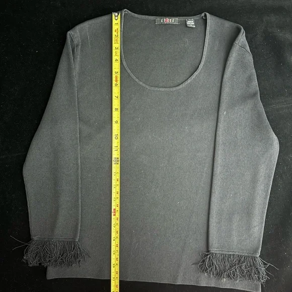Women’s Black Sweater - Cyrus - Scoop Neck & 3/4 Sleeves with Fringe - Size M - Picture 11 of 16